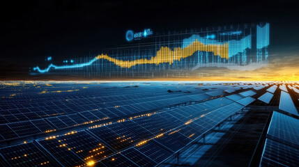 futuristic landscape of solar panels with digital data visualization, showcasing energy production trends and analytics. scene is illuminated by sunset