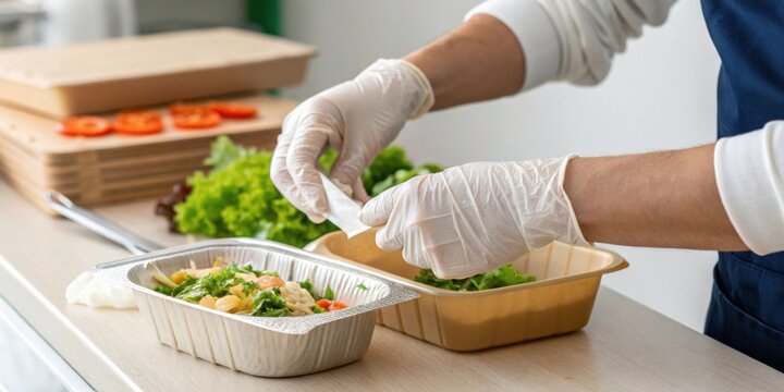 Glove Usage A detailed focus on a hand putting on disposable gloves reminding the importance of hygiene while handling food and health equipment.