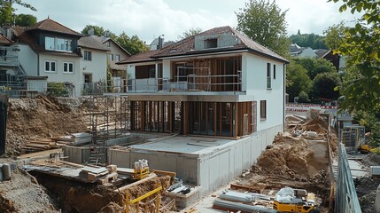 Modern house under construction with scaffolding, dirt, and construction equipment.