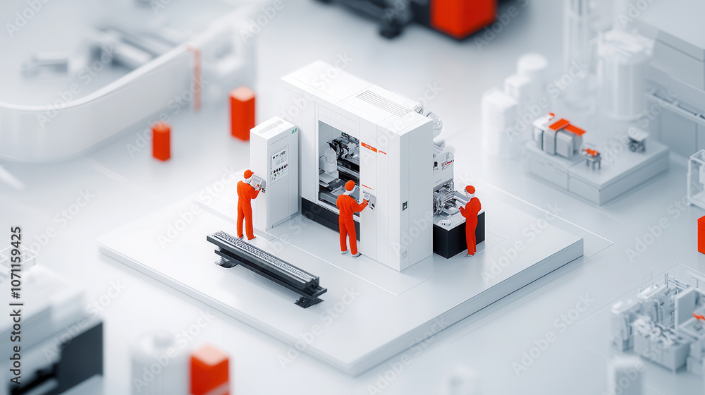 Poster modern factory interior with workers operating machinery, showcasing clean and efficient workspace. 