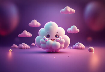 A cute cartoon cloud with a smiling face stands on a purple background surrounded by other clouds.