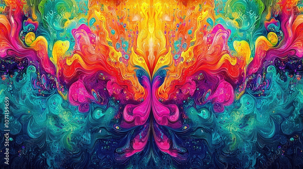 Poster abstract colorful liquid swirl with a symmetrical pattern.