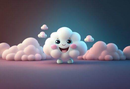 A happy, cartoon cloud with big eyes and rosy cheeks smiles and stands among other clouds on a gradient background.