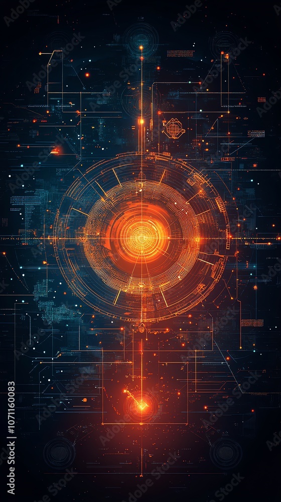 Poster a digital art piece featuring an orange glowing orb, surrounded by a network of glowing lines and do