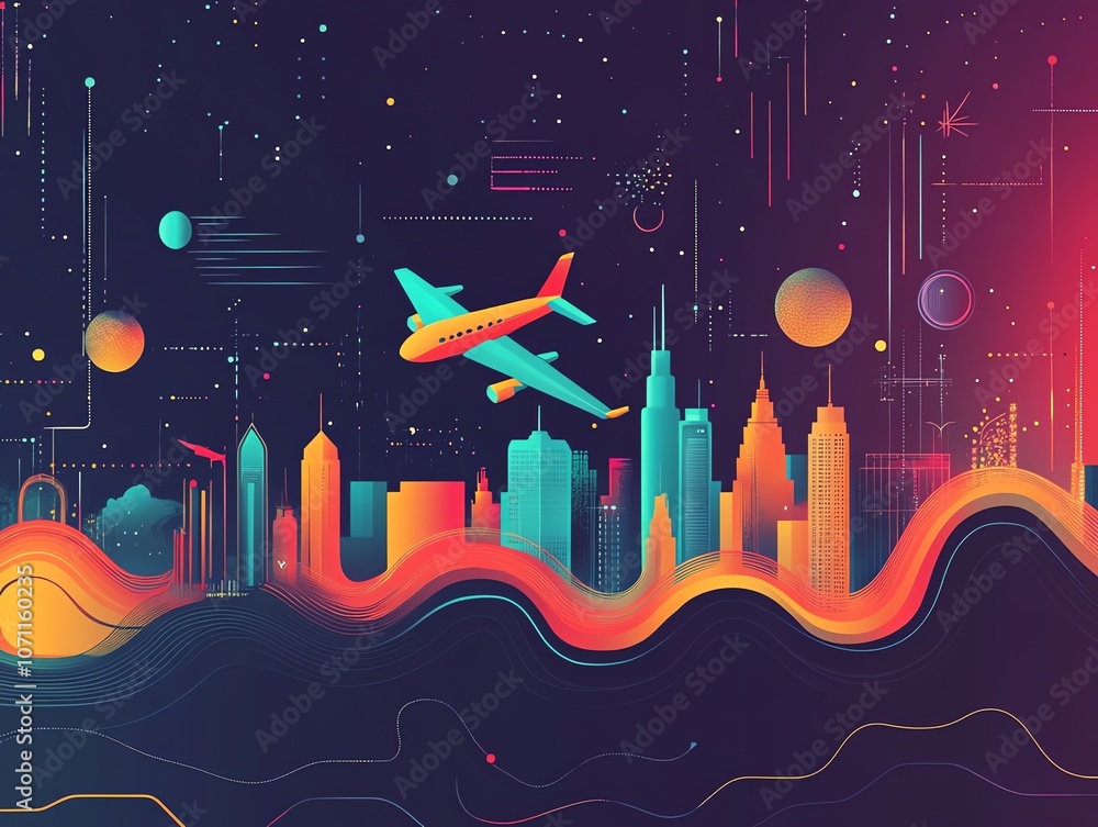 Poster an abstract illustration of a city skyline with a plane flying overhead, against a dark background w