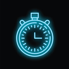 Neon blue stopwatch glowing on black background representing time passing