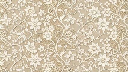 Fototapeta premium Intricate Floral Lacework An Exquisite Pattern of Delicate White Flowers and Curving Vines on a Soft Beige Background