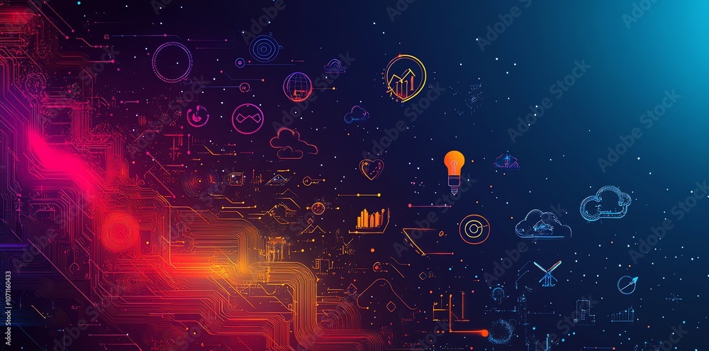 Aufkleber Abstract background with colorful technology icons and network lines.
