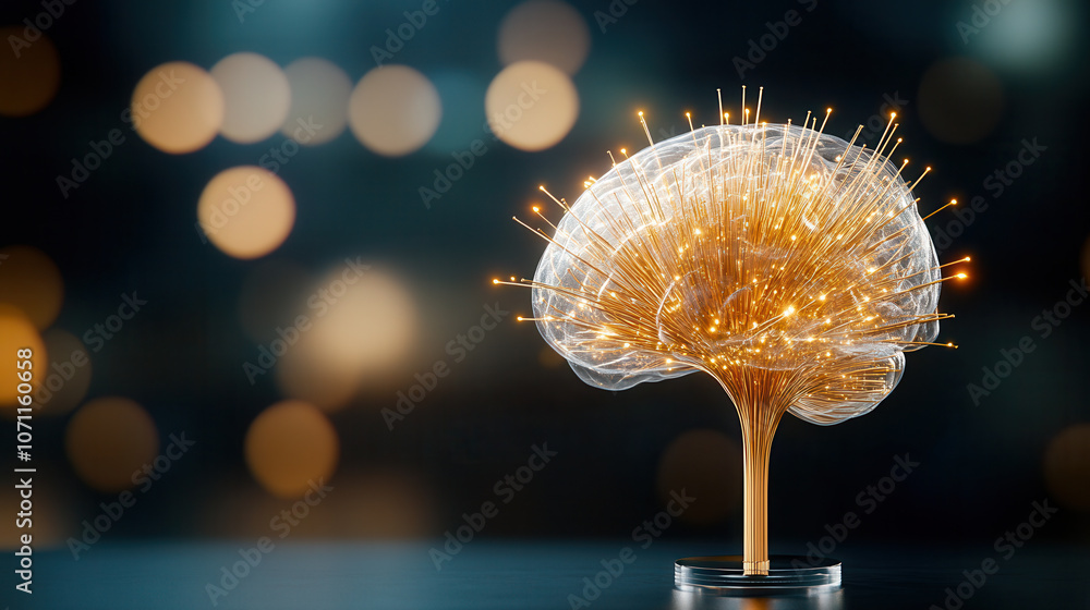 Poster intricate 3d rendering of brain sculpture with glowing fibers, symbolizing creativity and intelligen
