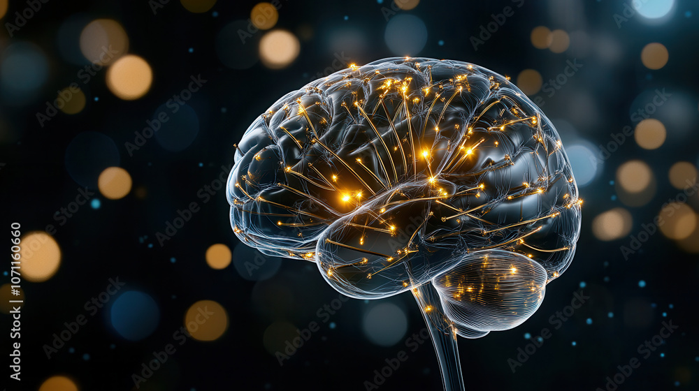 Poster intricate 3d rendering of brain sculpture with glowing connections, showcasing neural pathways and v
