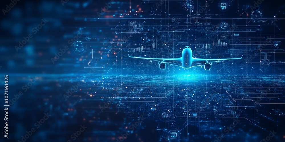 Poster airplane flying over digital data in a futuristic setting.
