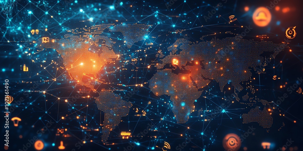 Poster A digital world map with glowing lines connecting continents with various icons.