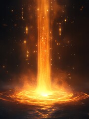 A beam of bright orange light descends from the heavens and illuminates the dark surface below. The light forms a swirling vortex on the surface, with small particles of light floating in the air.