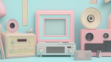 A charming illustration showcasing a pastel frame with decorative tape, paired with a vintage radio, CD, and Walkman in a playful arrangement.