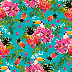 Seamless print with colorful toucans and flowers
