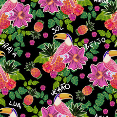 Seamless print with colorful toucans and flowers