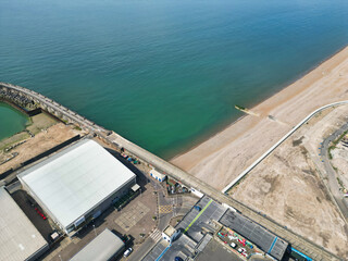 Aerial View of British Tourist Attraction of Beach and Ocean at Brighton and Hove Coastal City of...