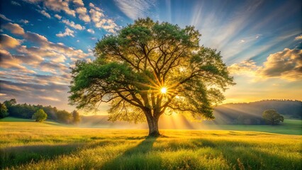 Obraz premium A solitary tree stands tall in a meadow, bathed in the golden glow of a rising sun, casting long shadows across the lush grass, a scene of tranquil beauty and natural splendor.