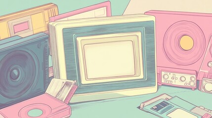 A whimsical illustration featuring a Polaroid frame in soft pastel colors, surrounded by a tape, vintage radio, CD, and Walkman, evoking nostalgia.