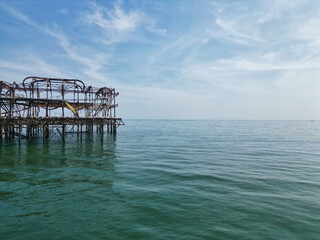 Aerial View of British Tourist Attraction of Beach and Ocean at Brighton and Hove Coastal City of...