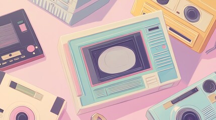 A whimsical illustration featuring a Polaroid frame in soft pastel colors, surrounded by a tape, vintage radio, CD, and Walkman, evoking nostalgia.