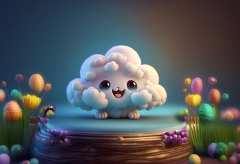 Fototapeta premium A cute white cloud with big eyes and a happy expression sits on a wooden platform. It is surrounded by colorful eggs and flowers.