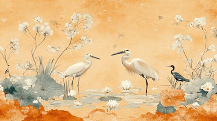 Naklejka premium Exquisite Watercolor Art of Herons and Egrets in Serene Wetlands Scene with Lush Flora and Lotus Blossoms in Tranquil Orange and Green Tones