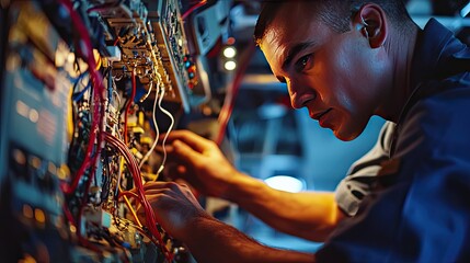 Close-up of an aircraft engineer working on wiring inside an airplane, illustrating the complexity and skill required in aviation maintenance.