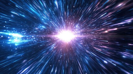 Fototapeta premium Abstract cosmic background with a bright white light in the center and blue and purple streaks emanating from it.