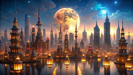 Fototapeta premium A celestial spectacle unfolds over a city of intricate towers and shimmering waters, casting an ethereal glow on the cityscape beneath a luminous moon.