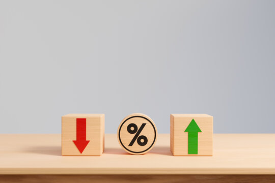 wooden blocks with arrow up and down with percentage icon. Business planning for target achievement. Measure of performance for a specific objective. 3d render	