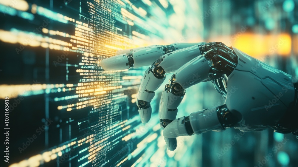 Poster 3d rendering humanoid robot hand with binary code on screen in cyberspace - generated ai