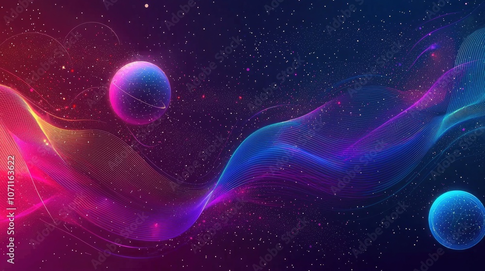 Poster abstract cosmic background with glowing lines and planets.