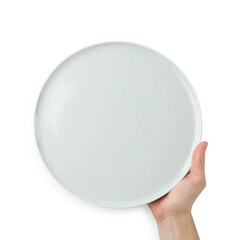 Woman with empty ceramic plate on white background, top view