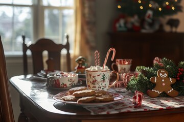 Fototapeta premium Festive table setting with a mug of hot chocolate, marshmallows, candy cane, gingerbread cookies, and Christmas decorations