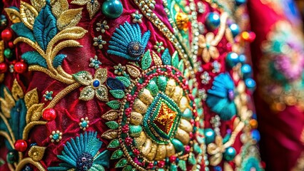 Obraz premium A tapestry of vibrant hues, intricately woven with golden threads, showcasing a symphony of sparkling beads and embroidered floral motifs