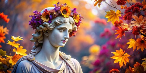 A timeless marble sculpture adorned with a vibrant autumnal wreath, a serene expression amidst the golden hues of changing leaves.