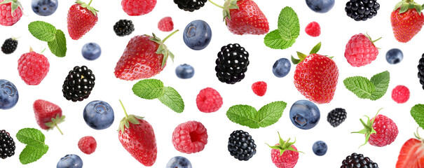 Mix of fresh berries in air on white background