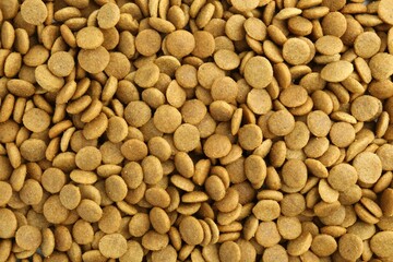 Pet food granules as background, top view