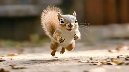A playful and adorable squirrel running swiftly across a forest floor, captured in a moment of joyful movement. The squirrel's fluffy tail is trailing behind, and its small, alert eyes convey a sense 