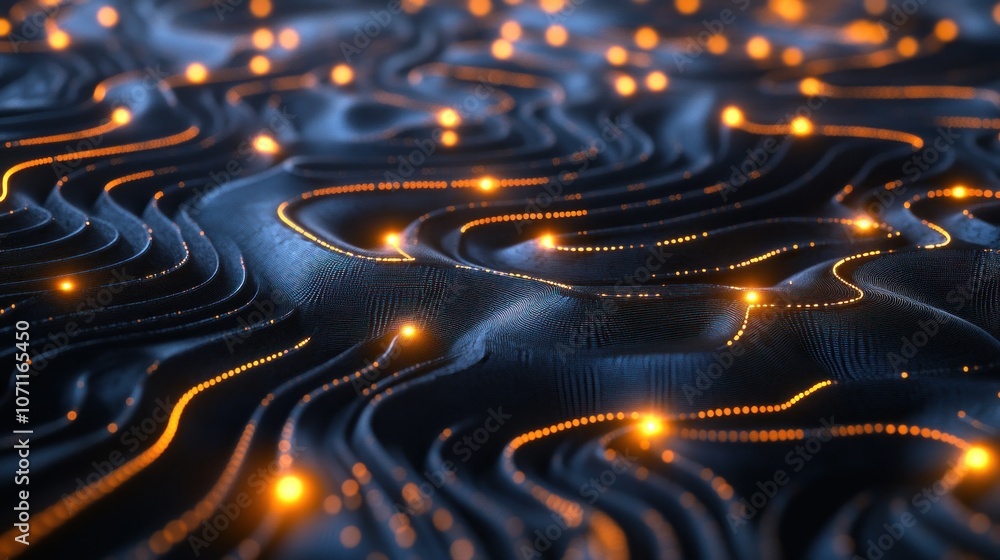 Poster 3d rendering of abstract wavy surface with glowing particles. Futuristic background with bokeh effect. - Generated AI