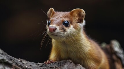 A brown squirrel with large eyes sits atop a tree limb.
