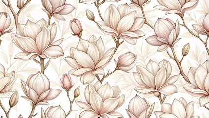 Fototapeta premium Delicate Floral Tapestry A Detailed Botanical Illustration of Magnolia Blossoms with Intricate Veining and Subtle Hues of Beige and Blush Pink on a Pristine White Background