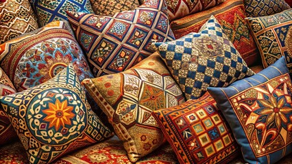 A vibrant tapestry of cushions adorned with intricate patterns and rich colors, showcasing the artistry of traditional textile design