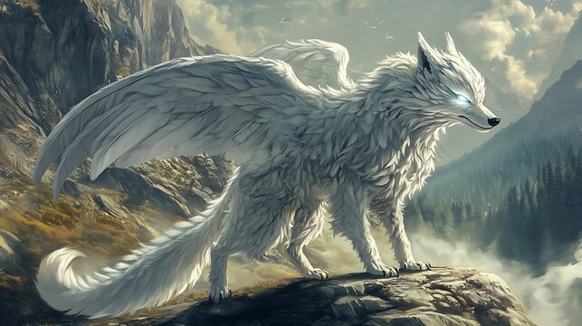 Fantasy animals including a fire-breathing dragon, a silver wolf with glowing eyes, and a griffin with majestic wings, illustrated in a magical mountain setting. 
