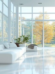 Obraz premium A minimalist white interior with sleek glass walls, perfect for creating an open and airy feel in the living room of your villa or apartment. generative ai
