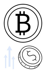 Large Bitcoin and smaller US Dollar coins with upward arrows symbolizing financial growth. Ideal for cryptocurrency, investments, market trends, financial success, fintech, digital currency
