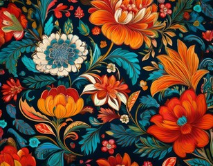 Seamless Oriental Floral Pattern: A Vibrant Textile Print for Bold and Colorful Spaces