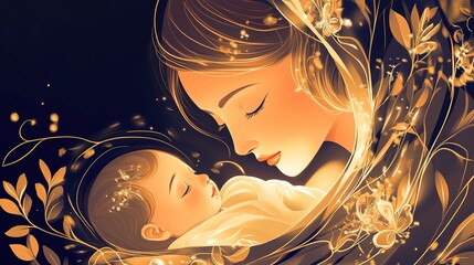 A serene and intimate illustration of Mary holding baby Jesus, with soft, glowing light enveloping them. Mary gazes down at Jesus with a peaceful expression, while Jesus sleeps soundly,