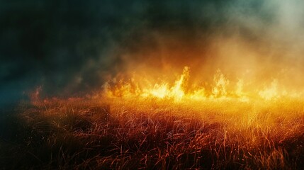 Fototapeta premium Desolate Landscape: Environmental Disaster Unfolded as Fires Engulf Dry Stubble and Grasslands